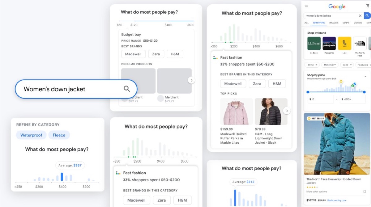 Google Shopping personalized homepage showing welcome message, recommendations, and trip packing suggestions